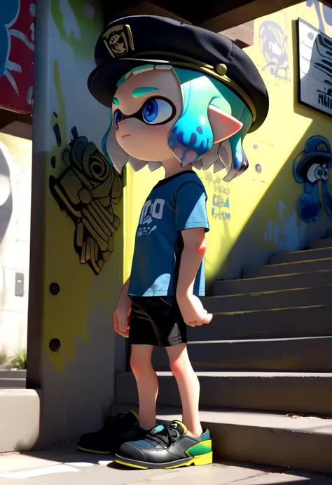 <lora:Splatoon_Inkling_LORA:0.8>
(1boy:1.2), solo, very short hair, short sleeves, hat, closed mouth, blue eyes, standing, cowboy shot, outdoors, shorts, day, pointy ears,
signature, blunt bangs, green or blue hair, from side, short shorts, black headwear, shirt, shadow, black shorts,
bike shorts, captains cap, tentacle hair, stairs, hands in pockets, drawstring, logo, shade, against wall, wall, graffiti, inkling, (inkling boy:1.6),
The soft lighting and detailed surroundings create an immersive environment where imagination runs wild hyper-detailed, hyper-detailed face, high quality visuals, dim Lighting, sharply focused, octane render, 8k UHD,