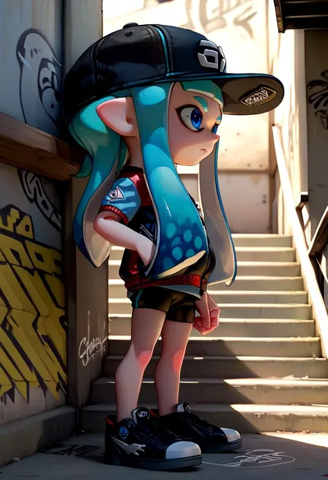 <lora:Splatoon_Inkling_LORA:0.8>
girl, solo, long hair, short sleeves, hat, closed mouth, blue eyes, standing, cowboy shot, outdoors, shorts, day, pointy ears,
signature, blunt bangs, green or blue hair, from side, short shorts, black headwear, baseball jacket, shadow, black shorts,
bike shorts, captains cap, tentacle hair, stairs, hands in pockets, drawstring, logo, shade, against wall, wall, graffiti, inkling, inkling girl
The soft lighting and detailed surroundings create an immersive environment where imagination runs wild hyper-detailed, hyper-detailed face, high quality visuals, dim Lighting, sharply focused, octane render, 8k UHD,