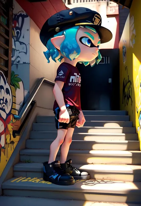 <lora:Splatoon_Inkling_LORA:0.8>
(1boy:1.2), solo, very short hair, short sleeves, hat, closed mouth, blue eyes, standing, cowboy shot, outdoors, shorts, day, pointy ears,
signature, blunt bangs, green or blue hair, from side, short shorts, black headwear, shirt, shadow, black shorts,
bike shorts, captains cap, tentacle hair, stairs, hands in pockets, drawstring, logo, shade, against wall, wall, graffiti, inkling, (inkling boy:1.6),
The soft lighting and detailed surroundings create an immersive environment where imagination runs wild hyper-detailed, hyper-detailed face, high quality visuals, dim Lighting, sharply focused, octane render, 8k UHD,