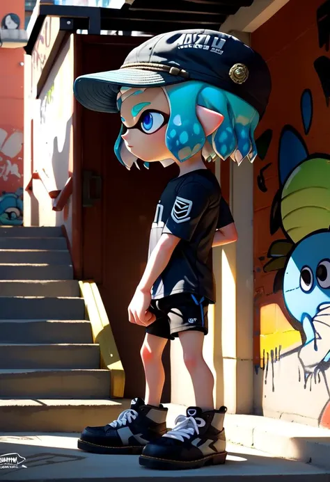 <lora:Splatoon_Inkling_LORA:0.8>
(1boy:1.2), solo, very short hair, short sleeves, hat, closed mouth, blue eyes, standing, cowboy shot, outdoors, shorts, day, pointy ears,
signature, blunt bangs, green or blue hair, from side, short shorts, black headwear, shirt, shadow, black shorts,
bike shorts, captains cap, tentacle hair, stairs, hands in pockets, drawstring, logo, shade, against wall, wall, graffiti, inkling, (inkling boy:1.6),
The soft lighting and detailed surroundings create an immersive environment where imagination runs wild hyper-detailed, hyper-detailed face, high quality visuals, dim Lighting, sharply focused, octane render, 8k UHD,