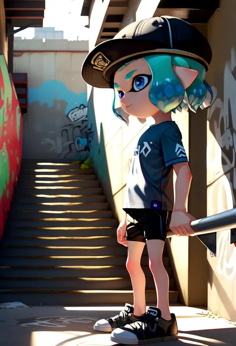 <lora:Splatoon_Inkling_LORA:0.8>
(1boy:1.2), solo, very short hair, short sleeves, hat, closed mouth, blue eyes, standing, cowboy shot, outdoors, shorts, day, pointy ears,
signature, blunt bangs, green or blue hair, from side, short shorts, black headwear, shirt, shadow, black shorts,
bike shorts, captains cap, tentacle hair, stairs, hands in pockets, drawstring, logo, shade, against wall, wall, graffiti, inkling, (inkling boy:1.6),
The soft lighting and detailed surroundings create an immersive environment where imagination runs wild hyper-detailed, hyper-detailed face, high quality visuals, dim Lighting, sharply focused, octane render, 8k UHD,