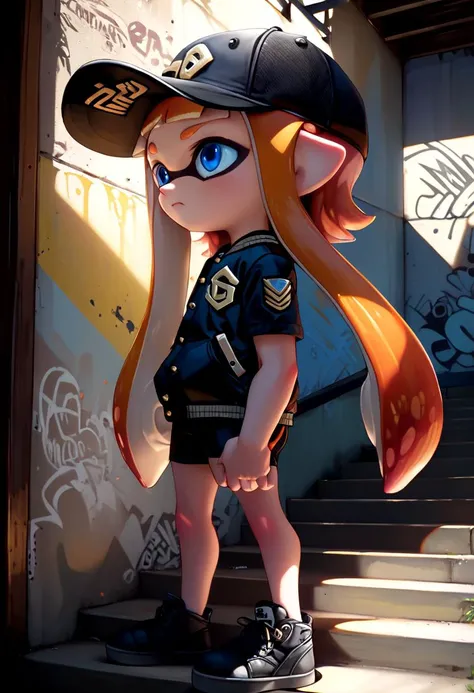 <lora:Splatoon_Inkling_LORA:0.8>
girl, solo, long hair, short sleeves, hat, closed mouth, blue eyes, standing, cowboy shot, outdoors, shorts, day, pointy ears,
signature, blunt bangs, orange hair, from side, short shorts, black headwear, baseball jacket, shadow, black shorts,
bike shorts, captains cap, tentacle hair, stairs, hands in pockets, drawstring, logo, shade, against wall, wall, graffiti, inkling, inkling girl
The soft lighting and detailed surroundings create an immersive environment where imagination runs wild hyper-detailed, hyper-detailed face, high quality visuals, dim Lighting, sharply focused, octane render, 8k UHD,