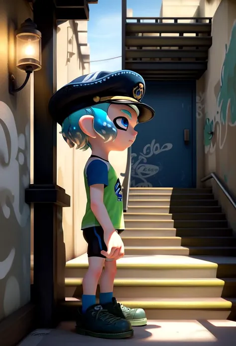 <lora:Splatoon_Inkling_LORA:0.8>
(1boy:1.2), solo, very short hair, short sleeves, hat, closed mouth, blue eyes, standing, cowboy shot, outdoors, shorts, day, pointy ears,
signature, blunt bangs, green or blue hair, from side, short shorts, black headwear, shirt, shadow, black shorts,
bike shorts, captains cap, tentacle hair, stairs, hands in pockets, drawstring, logo, shade, against wall, wall, graffiti, inkling, (inkling boy:1.6),
The soft lighting and detailed surroundings create an immersive environment where imagination runs wild hyper-detailed, hyper-detailed face, high quality visuals, dim Lighting, sharply focused, octane render, 8k UHD,