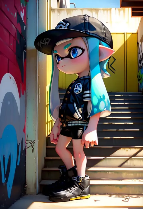 <lora:Splatoon_Inkling_LORA:0.8>
girl, solo, long hair, short sleeves, hat, closed mouth, blue eyes, standing, cowboy shot, outdoors, shorts, day, pointy ears,
signature, blunt bangs, green or blue hair, from side, short shorts, black headwear, baseball jacket, shadow, black shorts,
bike shorts, captains cap, tentacle hair, stairs, hands in pockets, drawstring, logo, shade, against wall, wall, graffiti, inkling, inkling girl
The soft lighting and detailed surroundings create an immersive environment where imagination runs wild hyper-detailed, hyper-detailed face, high quality visuals, dim Lighting, sharply focused, octane render, 8k UHD,