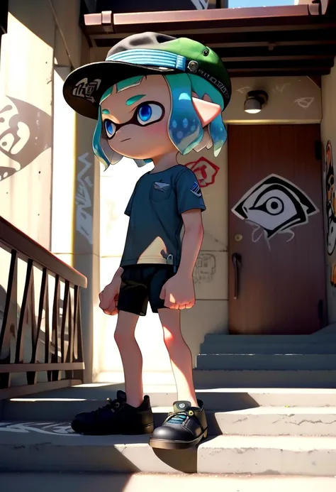 <lora:Splatoon_Inkling_LORA:0.8>
(1boy:1.2), solo, very short hair, short sleeves, hat, closed mouth, blue eyes, standing, cowboy shot, outdoors, shorts, day, pointy ears,
signature, blunt bangs, green or blue hair, from side, short shorts, black headwear, shirt, shadow, black shorts,
bike shorts, captains cap, tentacle hair, stairs, hands in pockets, drawstring, logo, shade, against wall, wall, graffiti, inkling, (inkling boy:1.6),
The soft lighting and detailed surroundings create an immersive environment where imagination runs wild hyper-detailed, hyper-detailed face, high quality visuals, dim Lighting, sharply focused, octane render, 8k UHD,