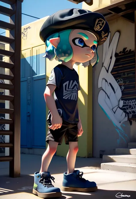 <lora:Splatoon_Inkling_LORA:0.8>
(1boy:1.2), solo, very short hair, short sleeves, hat, closed mouth, blue eyes, standing, cowboy shot, outdoors, shorts, day, pointy ears,
signature, blunt bangs, green or blue hair, from side, short shorts, black headwear, shirt, shadow, black shorts,
bike shorts, captains cap, tentacle hair, stairs, hands in pockets, drawstring, logo, shade, against wall, wall, graffiti, inkling, (inkling boy:1.6),
The soft lighting and detailed surroundings create an immersive environment where imagination runs wild hyper-detailed, hyper-detailed face, high quality visuals, dim Lighting, sharply focused, octane render, 8k UHD,