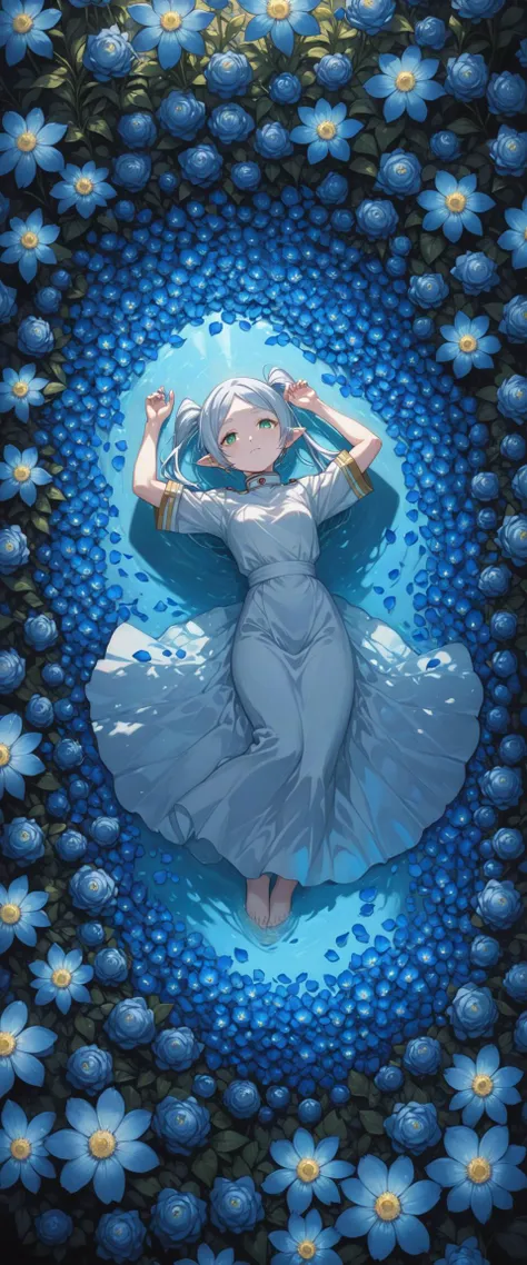 1girl, Frieren, green eyes, silver hair with twintails, intricate detail, cinematic lighting, amazing quality, amazing shading, detailed Illustration, official artwork, wallpaper, official art, extremely detailed eyes and face, beautiful detailed eyes, ((masterpiece, best quality)), from above, full body, dutch angle, arms up, laying down in a flower bed at night, surrounded by thousands of ((glowing blue flowers)), petals on liquid, blue petals, (afterglow), incandescence
<lora:yukihiro_kajimoto_so2r_xl:0.4> <lora:frieren_xl_2:0.6> <lora:IOS_Iridescent_opal_style:0.6>