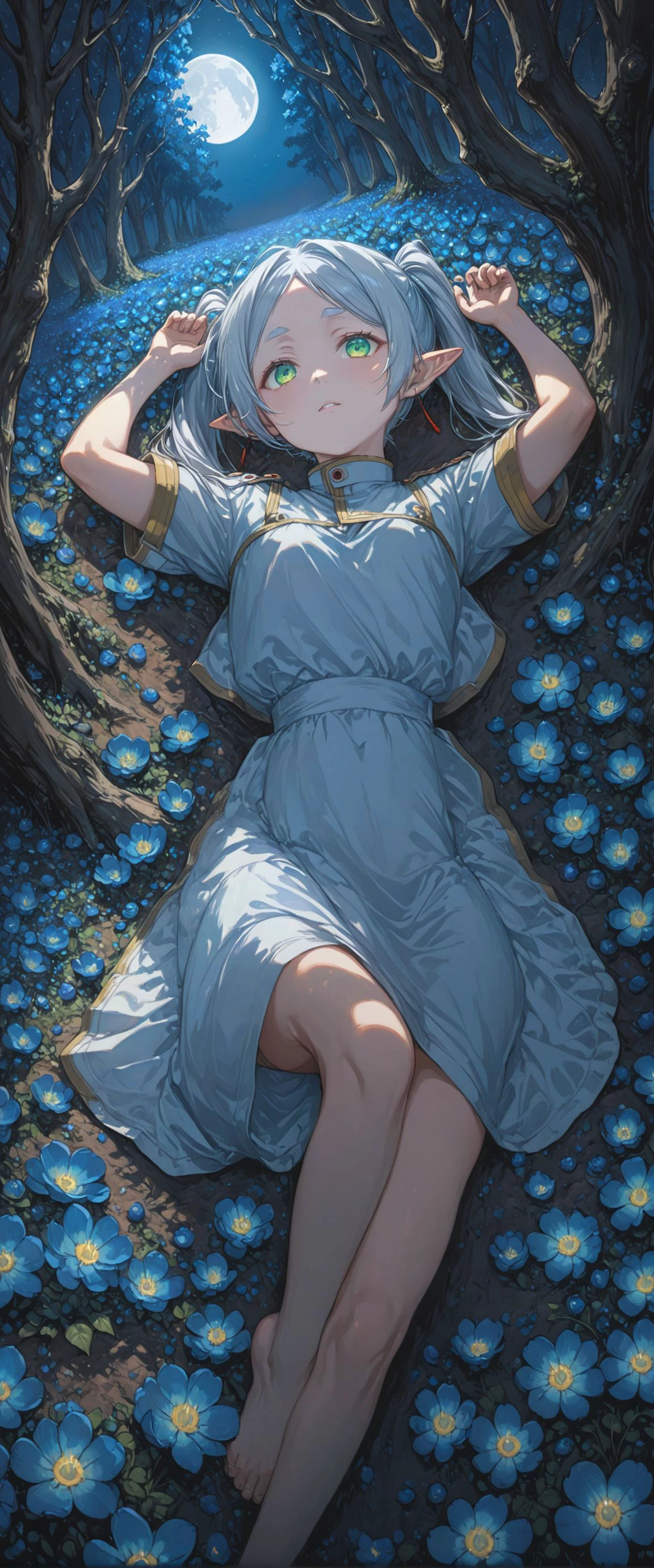 1girl, Frieren, green eyes, silver hair with twintails, intricate detail, cinematic lighting, amazing quality, amazing shading, detailed Illustration, official artwork, wallpaper, official art, extremely detailed eyes and face, beautiful detailed eyes, looking to the side, ((masterpiece, best quality)), from above, upper body, dutch angle, arms up, laying down in a forest clearing, ((night)), moonlight, surrounded by thousands of ((glowing blue flowers)), (afterglow), incandescence, backlighting
<lora:yukihiro_kajimoto_so2r_xl:0.6> <lora:frieren_xl_2:0.8> <lora:IOS_Iridescent_opal_style:0.8>