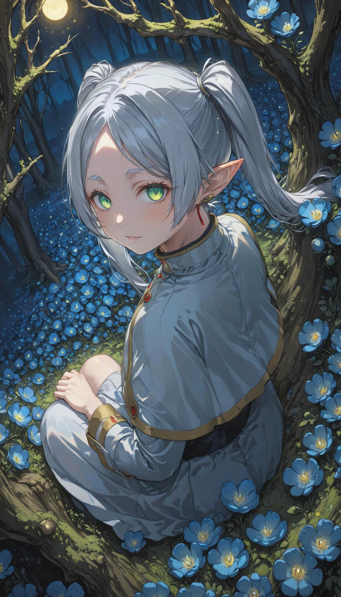 1girl, Frieren, green eyes, silver hair with twintails, intricate detail, cinematic lighting, amazing quality, amazing shading, detailed Illustration, official artwork, wallpaper, official art, extremely detailed eyes and face, beautiful detailed eyes, looking to the side, ((masterpiece, best quality)), from above, upper body, dutch angle, seated in a forest clearing at night, surrounded by thousands of glowing blue flowers, (afterglow), incandescence
<lora:yukihiro_kajimoto_so2r_xl:0.8> <lora:frieren_xl_2:0.8> <lora:IOS_Iridescent_opal_style:0.8>