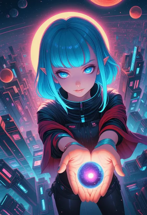 Create a vintage 80s sci-fi spectral neon gradient scene in featuring a woman reaching out with two hands holding a vibrant universe, catching a falling planet between her palms.
The background should depict a black universe with subtle neon lights reminiscent of Boris Vallejo's techno-goa style album cover art. (Perfect Hands:1.5) BREAK
tokyo_street_fashion_xl, hyperpunk scene, cinematic lighting, reflective transparent iridescent glass jacket,
ahoge, blue_eyes, blue_hair, boots, red cape, crescent hair ornament, pointy ears, [1990s \(style\):cyberpunk edgerunners:0.5], [lens flare:opal:06],
very aesthetic, highres, 4k, 8k, intricate detail, cinematic lighting, amazing quality, amazing shading, detailed Illustration, official artwork, wallpaper, official art,
extremely detailed eyes and face, beautiful detailed eyes,
closeup, from above, upper body, fisheye lense effect,
<lora:aesthetic_anime_v1s:1>
<lora:yukihiro_kajimoto_so2r_xl:0.8>
<lora:Perfect Hands:1>
<lora:Wiz-VintageComicBookCover_v01:1>
<lora:tokyo_street_fashion_xl_1:1>
<lora:IOS_Iridescent_opal_style:0.4>
<lora:add-detail-xl:0.75>
<lora:quality1:0.75>