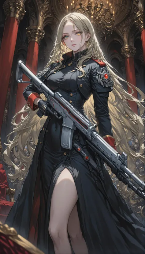 <lora:yukihiro_kajimoto_so2r_xl:0.8> <lora:IOS_Iridescent_opal_style:0.6> a tall woman in a black dress holding a long anti-materiel rifle, opera, (third eye:0.8), black dress, open jacket, gloves, military uniform, platinum blonde hair, long hair, 8k, intricate detail, cinematic lighting, amazing quality, amazing shading, detailed Illustration, wallpaper, official art, extremely detailed eyes and face, beautiful detailed eyes, ((masterpiece, best quality)), from side, full body, navel