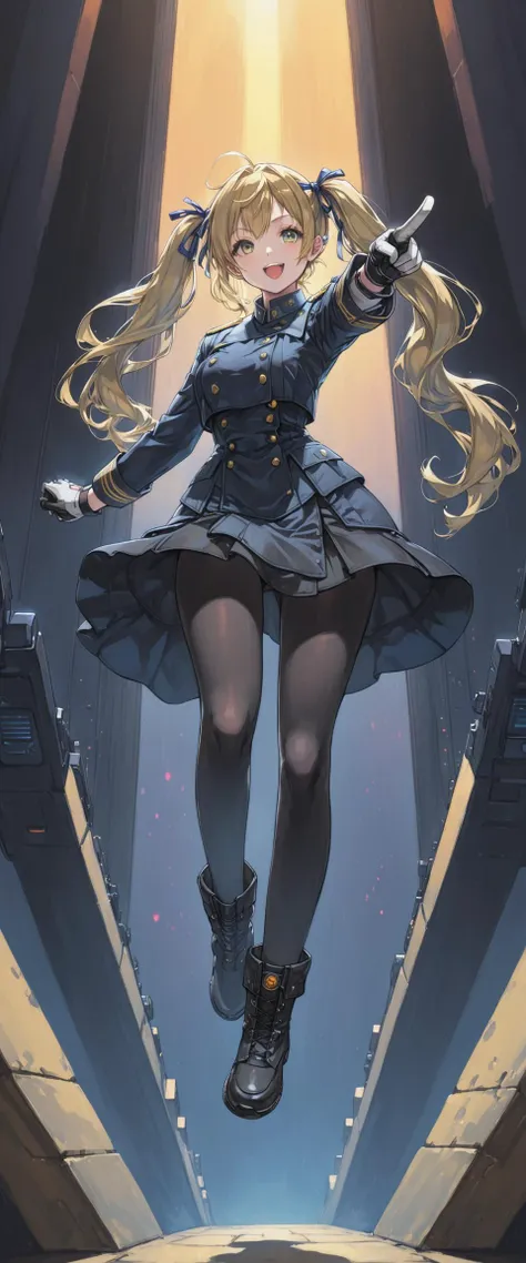 <lora:yukihiro_kajimoto_so2r_xl:0.8> <lora:IOS_Iridescent_opal_style:0.6> 1girl, welch, ;d, 1girl, black_legwear, blonde_hair, boots, gloves, hair_ribbon, long_hair, long_sleeves, looking_at_viewer, military, military_uniform, pantyhose, pointing, ribbon, skirt, twintails, uniform, [1990s \(style\):cyberpunk edgerunners:0.5], [lens flare:opal:06], intricate detail, cinematic lighting, amazing quality, amazing shading, ((masterpiece, best quality)), dynamic pose, (from below), full body, (thigh gap), yurihiro kajimoto
