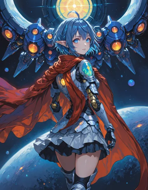 <lora:yukihiro_kajimoto_so2r_xl:0.8> <lora:IOS_Iridescent_opal_style:0.6> star ocean, 1girl, rena lanford, ahoge, armor, blue_eyes, blue_hair, boots, cape, full_body, hair_ornament, pleated_skirt, pointy_ears, short_hair, [woman:robot joints:0.6], [armpits:mecha:0.5], [evangelion:cyberpunk edgerunners:0.5], [lens flare:opal:06], intricate detail, cinematic lighting, amazing quality, amazing shading, detailed Illustration, official artwork, wallpaper, official art, extremely detailed eyes and face, beautiful detailed eyes, ((masterpiece, best quality)), (from behind), upper body, (thigh gap)