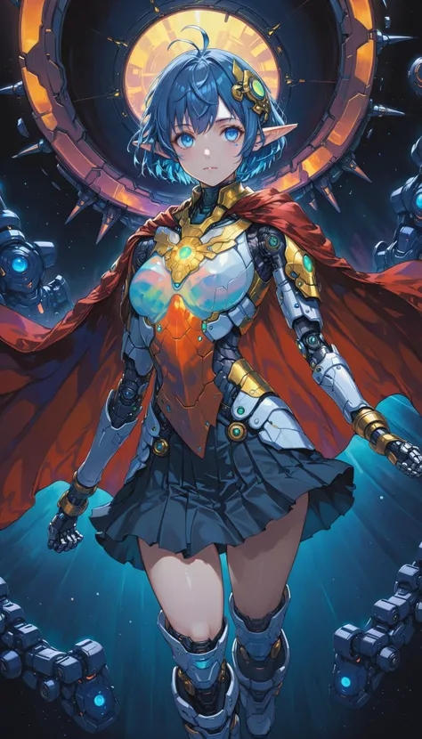 <lora:yukihiro_kajimoto_so2r_xl:0.8> <lora:IOS_Iridescent_opal_style:0.6> star ocean, 1girl, rena lanford, ahoge, armor, blue_eyes, blue_hair, boots, cape, full_body, hair_ornament, pleated_skirt, pointy_ears, short_hair, [woman:robot joints:0.6], [armpits:mecha:0.5], [evangelion:cyberpunk edgerunners:0.5], [lens flare:opal:06], intricate detail, cinematic lighting, amazing quality, amazing shading, detailed Illustration, official artwork, wallpaper, official art, extremely detailed eyes and face, beautiful detailed eyes, ((masterpiece, best quality)), (from behind), upper body, (thigh gap)