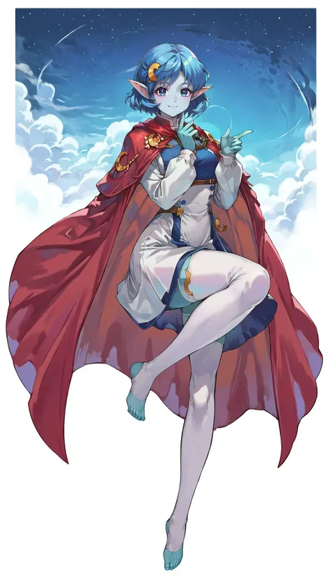 score_9, score_8_up, score_7_up, score_6_up, score_5_up, score_4_up, source anime, BREAK,
<lora:darker_elves:1> lfekardpnxl, 1girl, solo, blue skin, pointy ears, 1990s \(style\), starry sky, + +,
<lora:yukihiro_kajimoto_so2r_pony:0.6> star ocean, rena lanford, crescent hair ornament, white long sleeves, red cape, white fluffy legwear, short hair, blue hair,
looking at viewer, light smile, full body, barefoot,
<lora:IOS_Iridescent_opal_style:0.4>