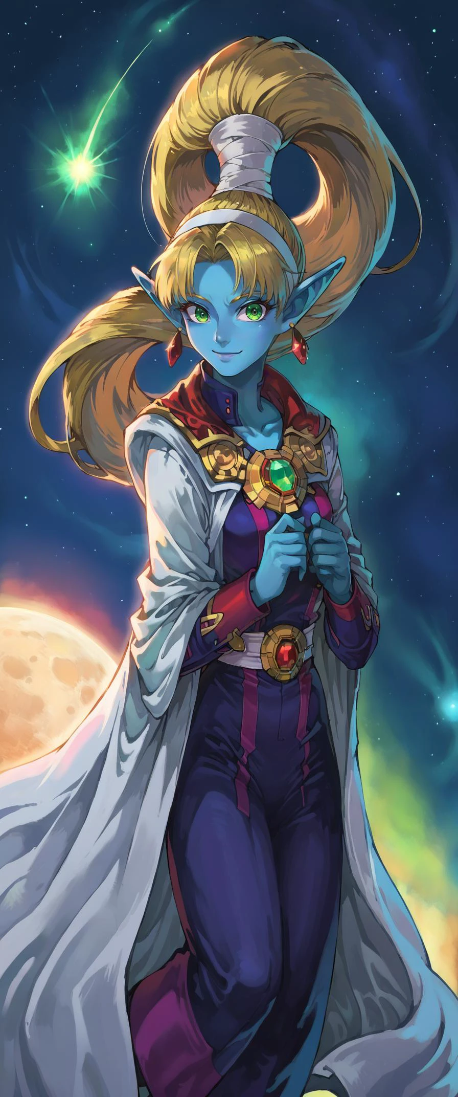 score_9, score_8_up, score_7_up, score_6_up, score_5_up, score_4_up, source anime, BREAK,
<lora:darker_elves:1> lfekardpnxl, 1girl, solo, blue skin, pointy ears, meteor shower, space, galaxy, daft punk, 1990s \(style\),
yellow hair, green eyes, red earrings,  @ @, white cape, very long hair, high ponytail, white headband, [red:opal:0.5] gemstone,
backlighting, depth of field, starry sky, upper body, looking at viewer, light smile, full body, floating,
<lora:yukihiro_kajimoto_so2r_pony:0.4> star ocean
<lora:IOS_Iridescent_opal_style:0.6>