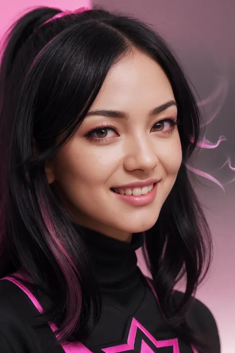 DV_Miko_Vicious ((Black Theme, Black and Pink Backdrop:1.4)) (Close-Up Shot, Face Portrait:1.4) (Black long hair:1.5) wearing (Black Leggings and a Black sweatshirt :1.3) 35mm, F/2.8 ((Photo Focus, DOF, Aperture, insanely detailed and intricate, character, hypermaximalist, elegant, ornate, beautiful, exotic, revealing, appealing, attractive, amative, hyper realistic, super detailed, heresy flares)) (smiling at viewer)(volumetric pink smoke:1.3) (pink lens flare:1.2)(sharpness:1.3)(details:1.3)