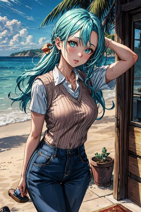 masterpice, best quality, (absurdres), subsurface scattering, 1girl, solo, EPfeChloe, <lora:EPfeChloe:0.7>, (beautiful face), (looking at viewer:1.1), full lips, aqua_hair, long_hair,
BREAK
detailed background, artistic lighting,
BREAK
emphasis, beach, palm tree, towel, evening, arms behind back, distracted, aloof, oblivious, Aran sweater vest layered over a collared shirt, paired with tailored pants and loafers