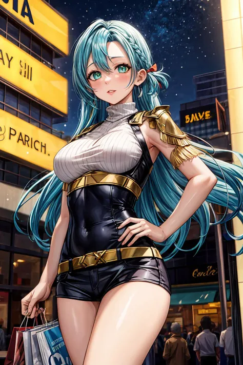 masterpice, best quality, (absurdres), subsurface scattering, 1girl, solo, EPfeChloe, <lora:EPfeChloe:0.7>, (beautiful face), (looking at viewer:1.1), full lips, aqua_hair, long_hair,
BREAK
detailed background, artistic lighting,
BREAK
diagram, shopping mall, stores, signs, night, pray hand on hip, turtleneck, hotpants, sandales, happy