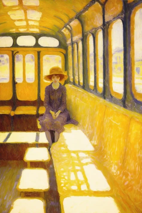 Pierre Bonnard Style - painting of a girl on a train platform, yellow background , visible brushstrokes and shimmering luminosity in the style of Pierre Bonnard <lora:Pierre Bonnard Style:1>