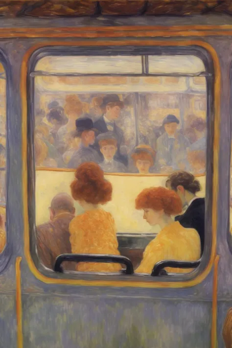 Pierre Bonnard Style - pierre bonnard painting, POV train cart window ,people sitting ,window showing the inside of the car and the view of the inside, crowded train, people inside ,cinematic scene painting, Oil Painting in the style of Pierre Bonnard <lora:Pierre Bonnard Style:1>