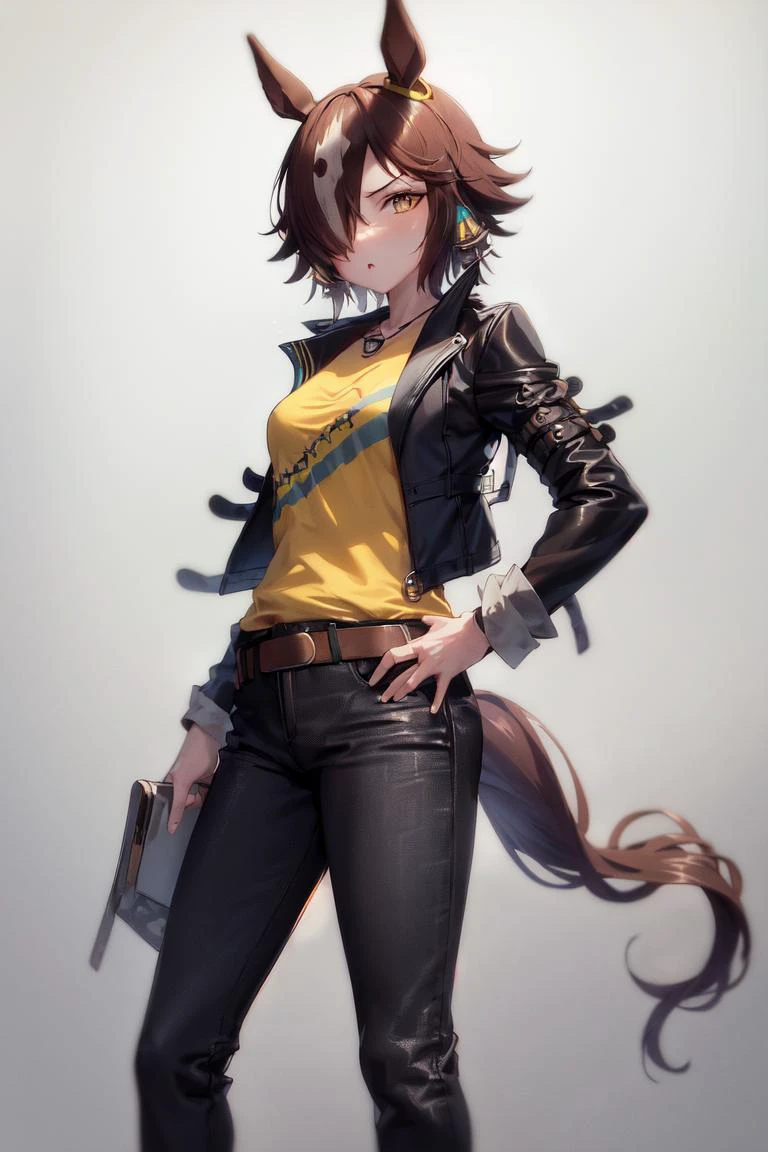 masterpiece, best quality,
vodka \(umamusume\),
yellow shirt, black footwear, black jacket, boots, long sleeves, standing, black pants, leather jacket, belt
<lora:vodka_lora:0.8>