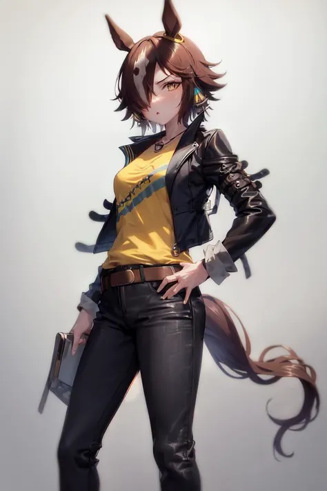 masterpiece, best quality, 
vodka \(umamusume\), 
yellow shirt, black footwear, black jacket, boots, long sleeves, standing, black pants, leather jacket, belt
<lora:vodka_lora:0.8>