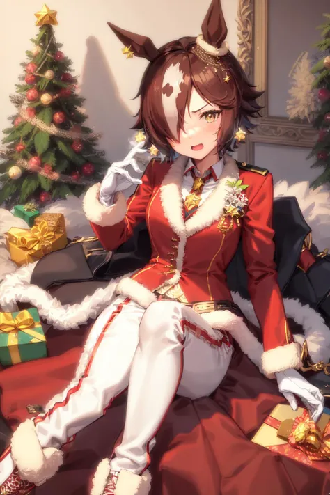 masterpiece, best quality, 
vodka \(umamusume\), 
official alternate costume, christmas ornaments, red shirt, long sleeves, necktie, white gloves, sack, red footwear, shoes, white pants, black jacket, fur trim, belt, boots, vest 
<lora:vodka_lora:0.8>