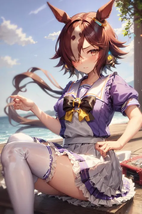 masterpiece, best quality, 
vodka \(umamusume\), 
white thighhighs, tracen school uniform, purple shirt, pleated skirt, puffy short sleeves, white skirt, puffy sleeves, summer uniform, frilled skirt, sailor collar, sailor shirt, miniskirt, frills
<lora:vodka_lora:0.8>