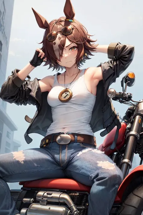 masterpiece, best quality, 
vodka \(umamusume\), 
motorcycle, ground vehicle, motor vehicle, sitting on vehicle, 
white shirt, jacket on shoulders, black jacket, leather jacket, sunglasses, eyewear on head, 
jewelry, belt, necklace, torn pants,  fingerless gloves, torn jeans, closed mouth, black gloves, sleeveless
<lora:vodka_lora:0.8>