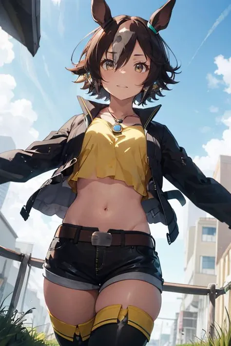 masterpiece, best quality, highly detailed, <lora:vodka_lora:0.6>, vodka \(umamusume\), crop top, yellow shirt, necklace, long sleeves, black jacket, open clothes, open jacket, navel, black shorts, belt, short shorts, jewelry, groin, thighhighs, thigh boots, black footwear, grass, run like the wind, from below