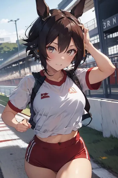 masterpiece, best quality, highly detailed, <lora:vodka_lora:0.6>, vodka \(umamusume\), race track, red gym clothes, red buruma