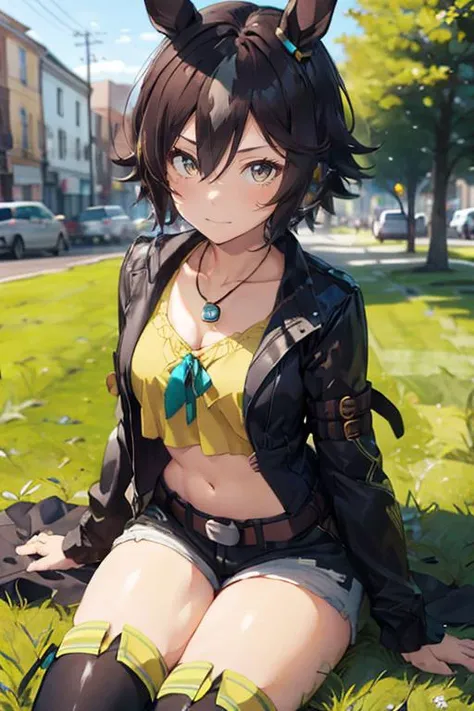 masterpiece, best quality, highly detailed, <lora:vodka_lora:0.6>, vodka \(umamusume\), crop top, yellow shirt, necklace, long sleeves, black jacket, open clothes, open jacket, navel, black shorts, belt, short shorts, jewelry, groin, thighhighs, thigh boots, black footwear, grass, sitting