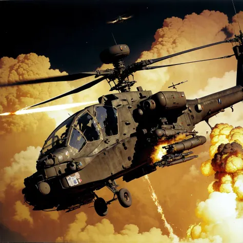 (masterpiece, best quality, absurdres:1.4), (detailed), AH-64, <lora:AH-64:0.8> ,no humans, military vehicle, sky, bird's eye view, night, starry sky, wheels, helicopter, ah-64 apache, (vietnam war, vietnam, fire, explosion:1.2)