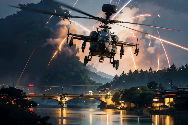 hdr, absurdres, AH-64, helicopter,flying, in air, from_front,japan, raining, night, extremely detailed, dynamic lighting,  dynamic shot, <lora:AH-64:.8>