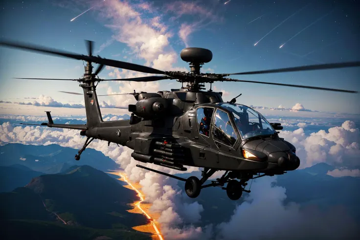 (masterpiece, best quality, absurdres:1.4), (detailed), BREAK , AH-64, <lora:AH-64-10:0.4> , [military vehicle:1girl:0.4], sky, bird's eye view, night, starry sky, wheels, helicopter, ah-64 apache, (1girl, flying, superhero:1.3)