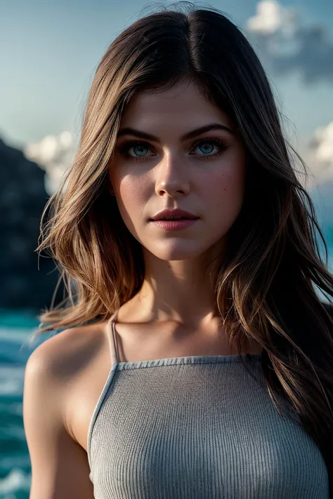 perfect cinematic shoot of a beautiful woman (EP4l3x4ndr4D4dd4r10:.99), a woman standing at a crashing ocean, perfect hair flowing in the wind, wearing sexy gray (compressions shirt), (glacier calving in background:1.2), (detailed background:1.1), (face focus), modelshoot style, (extremely detailed CG unity 8k wallpaper), professional majestic (photography by Roberto Ferri:1.1), 24mm, exposure blend, hdr, extremely intricate, High (Detail:1.1), dramatic, soft cinematic light, (looking at viewer), (detailed pupils),8k, highly detailed, rich environment, 4k textures, soft cinematic light, elegant, ((((cinematic look)))), soothing tones, insane details, hyperdetailed, ("Dreams into reality with SDKoh!":1.1), (epiCPhoto)
