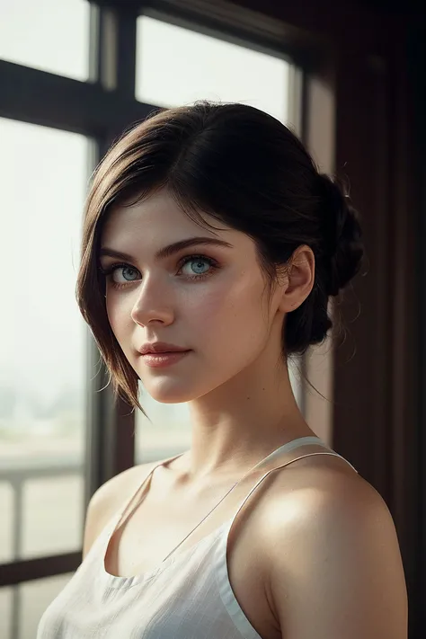 photo of beautiful (EP4l3x4ndr4D4dd4r10:0.99), a woman with perfect hair, hair upsweep updo, wearing (white Linen Tunic :1.1), (plain red beautiful scenery, pool :1.1), modelshoot style, (extremely detailed CG unity 8k wallpaper), professional majestic photography, (smile), ((upper body)), (camera), 24mm, exposure blend, hdr, faded, extremely intricate, High (Detail:1.1), Sharp focus, dramatic, soft cinematic light, (upper body), (looking at viewer), (detailed pupils), 4k textures, soft cinematic light, adobe lightroom, photolab, elegant, ((((cinematic look)))), soothing tones, insane details, hyperdetailed, low contrast("I've got a bad feeling about this.":1.1), ("In Jernau we trust!":1.1),