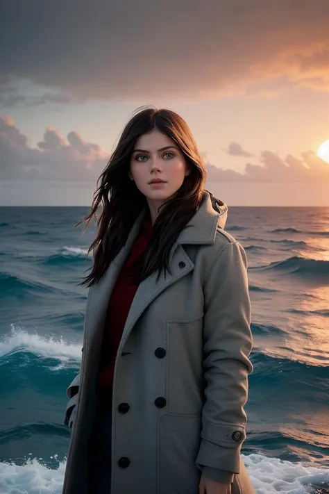 perfect cinematic shoot of a beautiful woman (EP4l3x4ndr4D4dd4r10:.99), a woman standing at a crashing ocean, perfect hair flowing in the wind, wearing sexy gray (coat), (coral atoll sunrise in background:1.2), (detailed background:1.1), (face focus), modelshoot style, (extremely detailed CG unity 8k wallpaper), professional majestic (photography by Roberto Ferri:1.1), 24mm, exposure blend, hdr, extremely intricate, High (Detail:1.1), dramatic, soft cinematic light, (looking at viewer), (detailed pupils),8k, highly detailed, rich environment, 4k textures, soft cinematic light, elegant, ((((cinematic look)))), soothing tones, insane details, hyperdetailed, ("In Jernau we trust!":1.1)