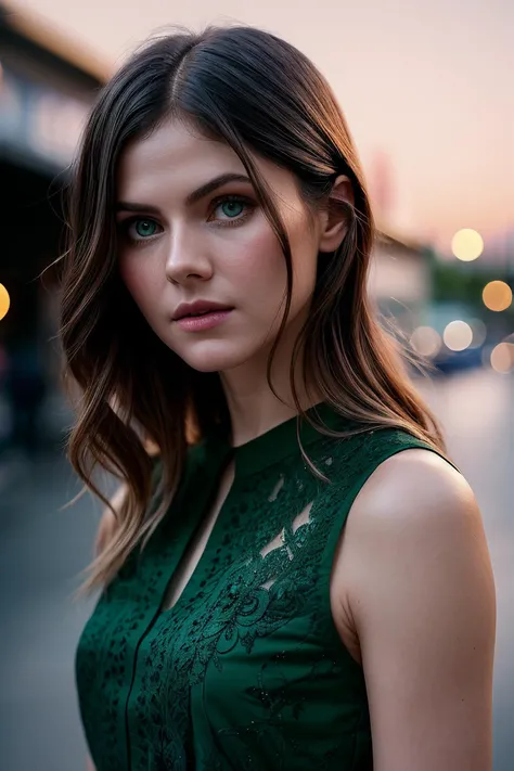 perfect cinematic shoot of a beautiful woman (EP4l3x4ndr4D4dd4r10:.99), a woman standing at a shopping street in osaka, perfect top bun, wearing sexy green (blouse with high neckline), (blood moon in background:1.2), (detailed background:1.1), (face focus), modelshoot style, (extremely detailed CG unity 8k wallpaper), professional majestic (photography by Roberto Ferri:1.1), 24mm, exposure blend, hdr, extremely intricate, High (Detail:1.1), dramatic, soft cinematic light, (looking at viewer), (detailed pupils),8k, highly detailed, rich environment, 4k textures, soft cinematic light, elegant, ((((cinematic look)))), soothing tones, insane details, hyperdetailed, ("Dreams into reality with SDKoh!":1.1), (epiCPhoto)