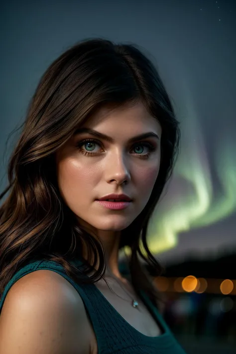 perfect cinematic shoot of a beautiful woman (EP4l3x4ndr4D4dd4r10:.99), a woman standing at a shopping street in osaka, perfect top bun, wearing sexy teal (blouse with high neckline), (northern lights in background:1.2), (detailed background:1.1), (face focus), modelshoot style, (extremely detailed CG unity 8k wallpaper), professional majestic (photography by Roberto Ferri:1.1), 24mm, exposure blend, hdr, extremely intricate, High (Detail:1.1), dramatic, soft cinematic light, (looking at viewer), (detailed pupils),8k, highly detailed, rich environment, 4k textures, soft cinematic light, elegant, ((((cinematic look)))), soothing tones, insane details, hyperdetailed, ("Dreams into reality with SDKoh!":1.1), (epiCPhoto)