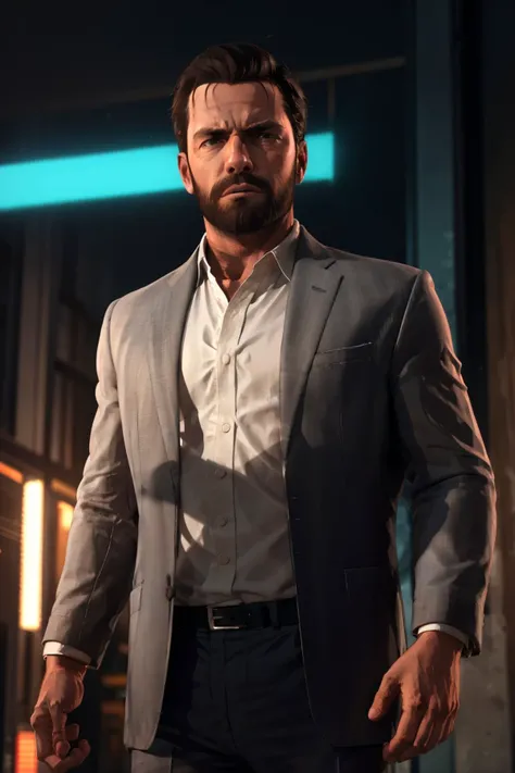 <lora:max_payne-10:0.7>, maxMP3_soul3142, 1boy, male focus, solo, shirt, facial hair, jacket, collared shirt, short hair, formal, beard, upper body, suit, open clothes, closed mouth, looking at viewer, black hair
