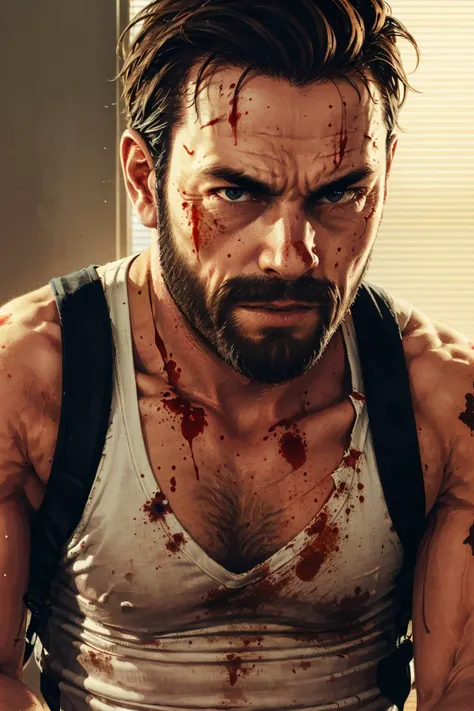 <lora:max_payne-10:0.6>, maxMP3_soul3142, 1boy, solo, male focus, facial hair, blood, beard, mustache, tank top, blood on face, manly, muscular, realistic