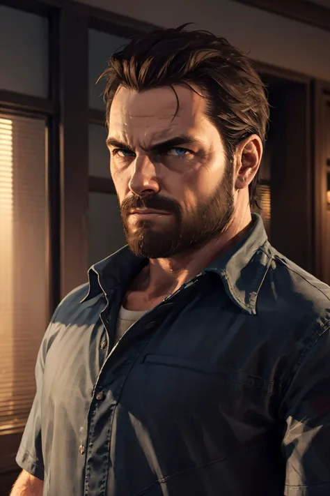 <lora:max_payne-10:0.6>, maxMP3_soul3142, facial hair, beard, manly, upper body, looking at viewer, from front