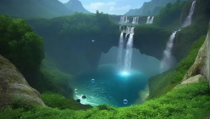 <lora:TERA_ScreenShot_Ravenous_Gorge:0.5>,light,bubble,scenery,no humans,tree,water,underwater,nature,waterfall,fantasy,outdoors,air bubble,overlook,green,river,waterfall,overlook,