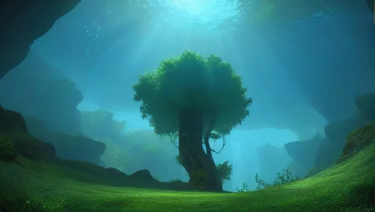 <lora:TERA_ScreenShot_Ravenous_Gorge:0.5>,light,scenery,no humans,tree,underwater,nature,fantasy,outdoors,overlook,green,river,overlook,