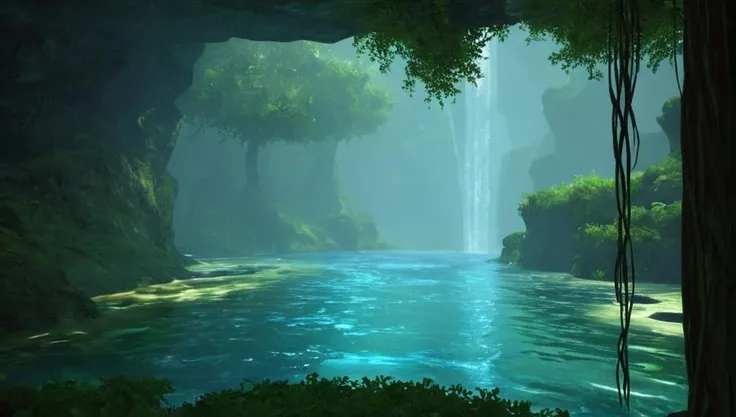 <lora:TERA_ScreenShot_Ravenous_Gorge:0.5>,light,scenery,no humans,tree,water,underwater,nature,fantasy,outdoors,overlook,green,river,waterfall,overlook,