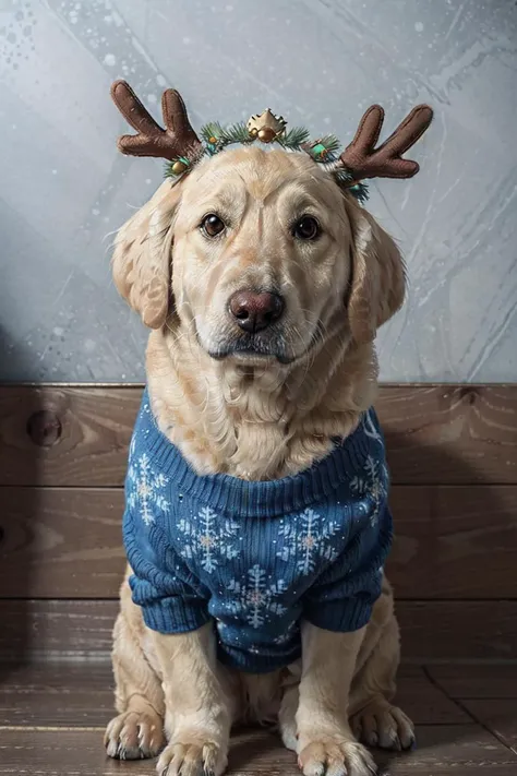 (masterpiece, best quality:1.2),intricate details, dog, sitting, (golden retriever:1.2) wearing blue holiday outfit, (blue Christmas sweater), <lora:stupidantlers:0.85> stup1dantl3rs, antlers on head