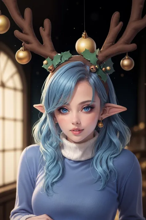 1girl, solo, headband, bow, mistletoe, beautiful, high quality, (full body), highres, best quality, (pointy ears), indoors,  workshop, BREAK ((blue clothing)), (bright cerulean turtleneck), high detail, soft lighting, (beryl shiny ornaments), stup1dantl3rs, fake antlers, blue hair, leggings, jingle bell earrings, jingle bell,  <lora:stupidantlers:1>