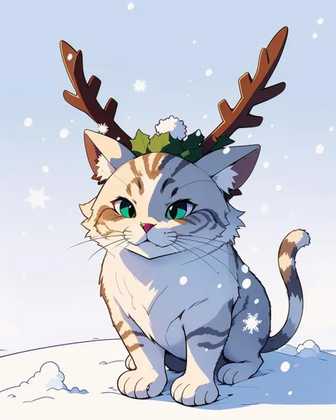 studio ghibli cat, anime cat, solo, high quality, highres, best quality,,stup1dantl3rs, fake antlers, ((smug sarcastic expression)),<lora:stupidantlers:0.9> ((snow)), dynamic shadows, (line art), ((cel shading)), flat colors, limited color palette, by studio ghibli <lora:Style_BingDalle3Anime:0.8> <lora:Tweak_Detail25:-0.3>